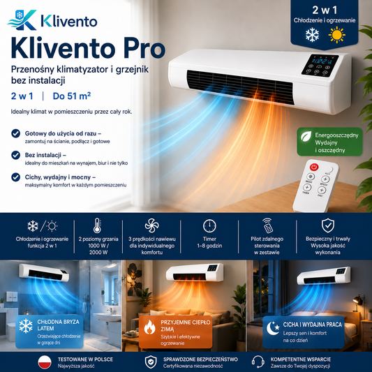 Klivento Pro – Przenośny klimatyzator i grzejnik bez montażu | 2 w 1 | Do 51 m²