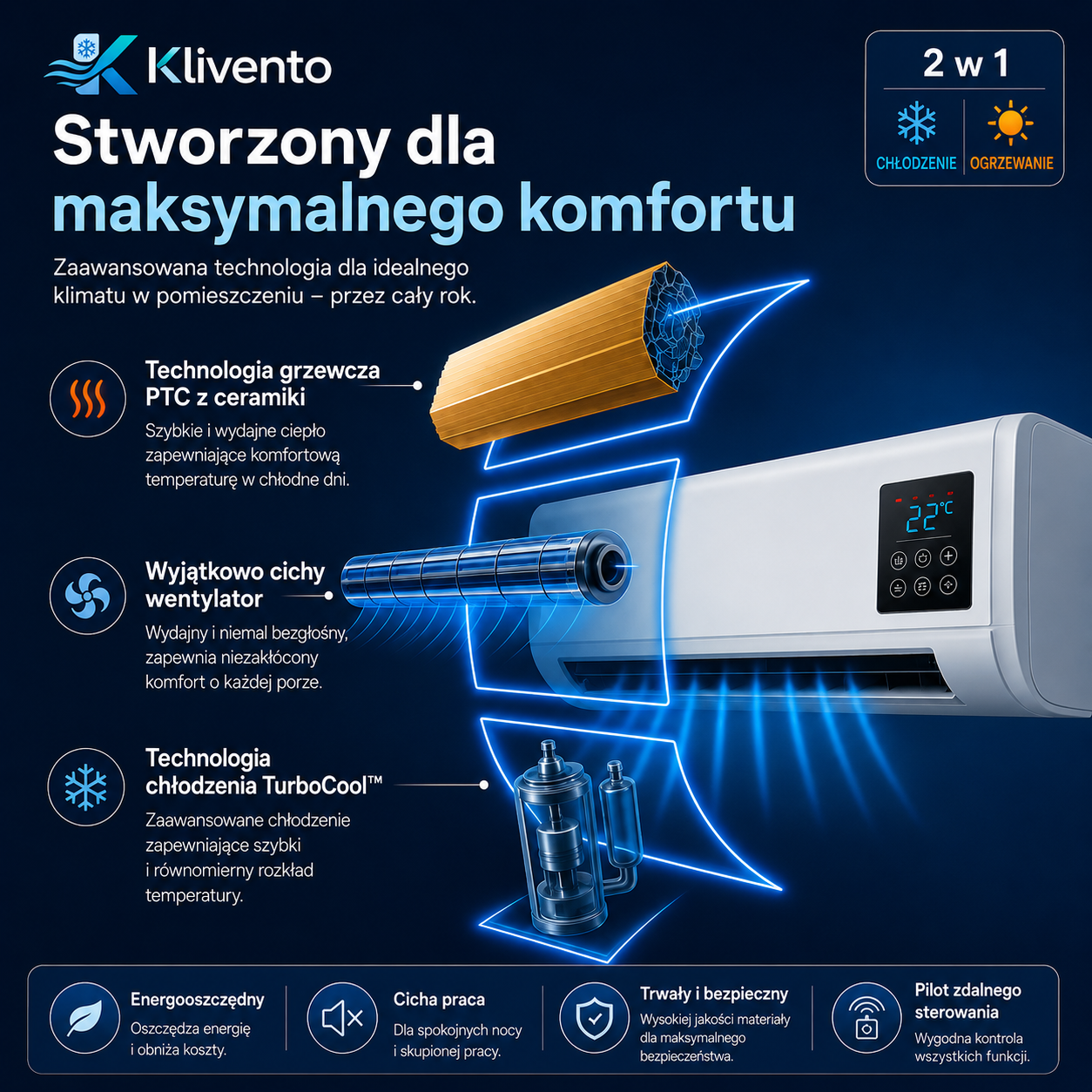 Klivento Pro – Przenośny klimatyzator i grzejnik bez montażu | 2 w 1 | Do 51 m²