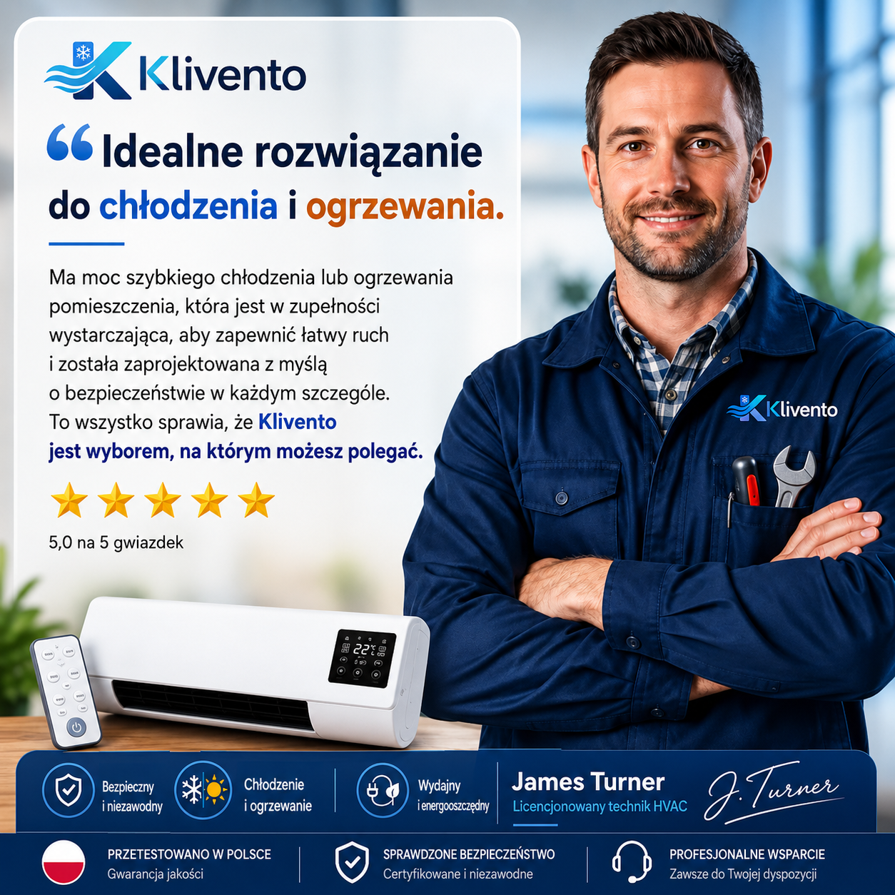Klivento Pro – Przenośny klimatyzator i grzejnik bez montażu | 2 w 1 | Do 51 m²
