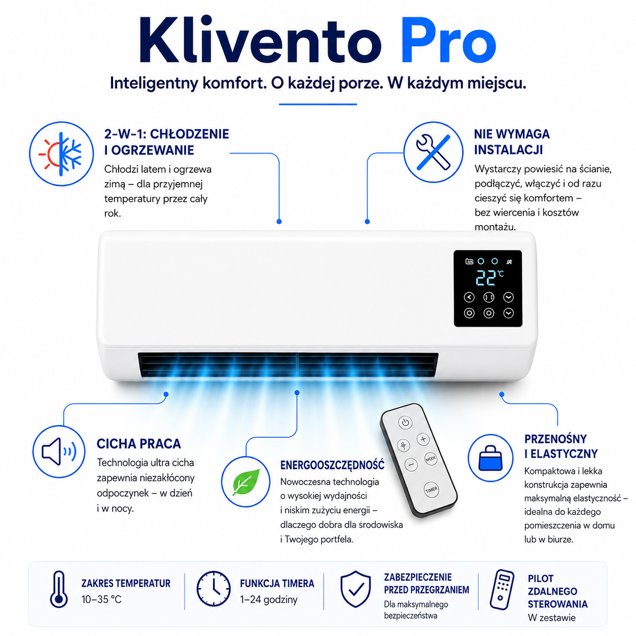 Klivento Pro – Przenośny klimatyzator i grzejnik bez montażu | 2 w 1 | Do 51 m²