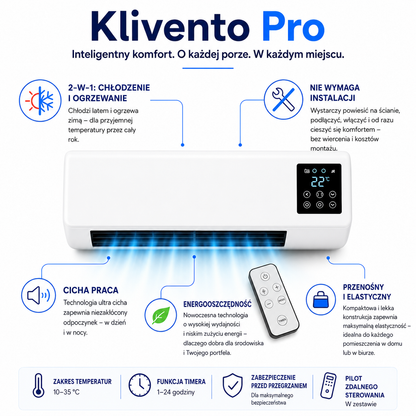 Klivento Pro – Przenośny klimatyzator i grzejnik bez montażu | 2 w 1 | Do 51 m²