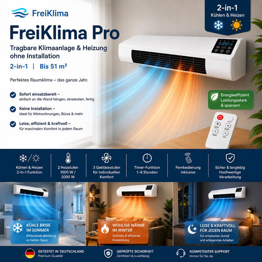 Klivento Pro – Przenośny klimatyzator i grzejnik bez montażu | 2 w 1 | Do 51 m²